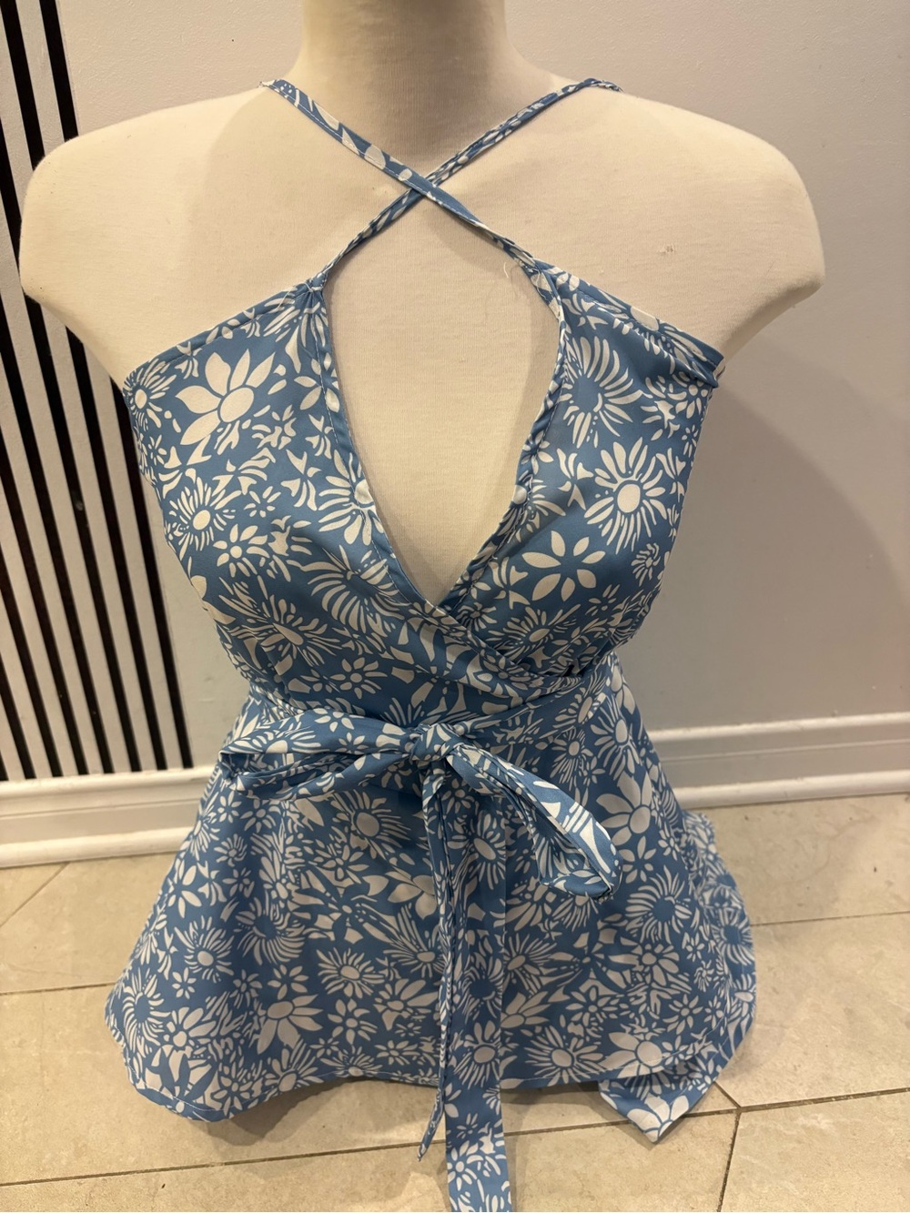 Blue & White Floral Crisscross Halter Wrap Top